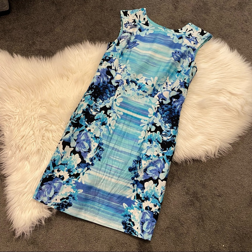 Blue and turquoise floral sheath dress